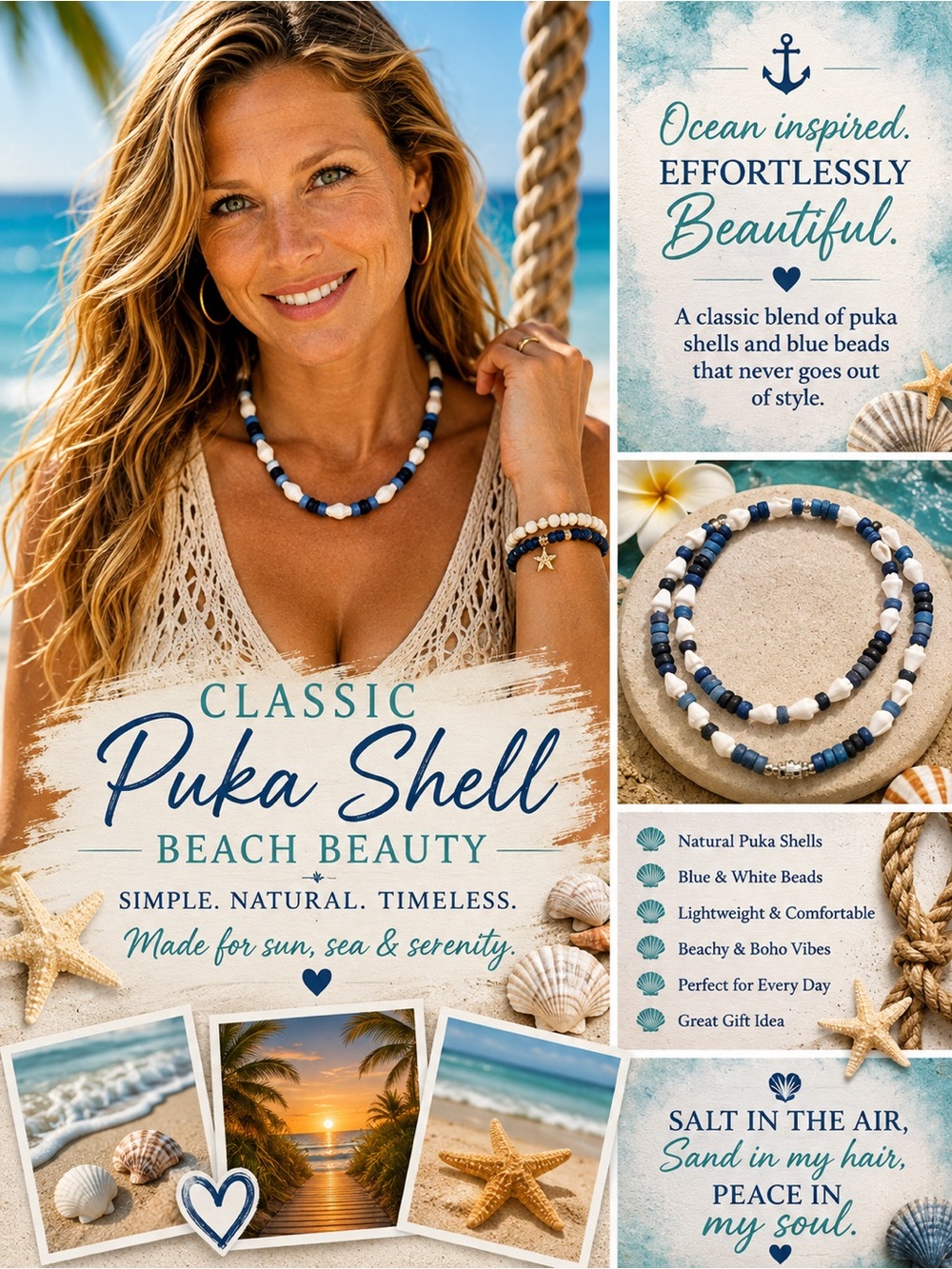 Classic Puka Shell Blue and White Beaded Necklace